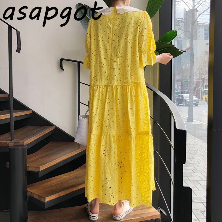 Dresses Chic Korean Sexy Hollow Out Pink Lace Peter Pan Collar Dress Women Flare Sleeve Patchwork Loose Sweet Summer Fashion 210429