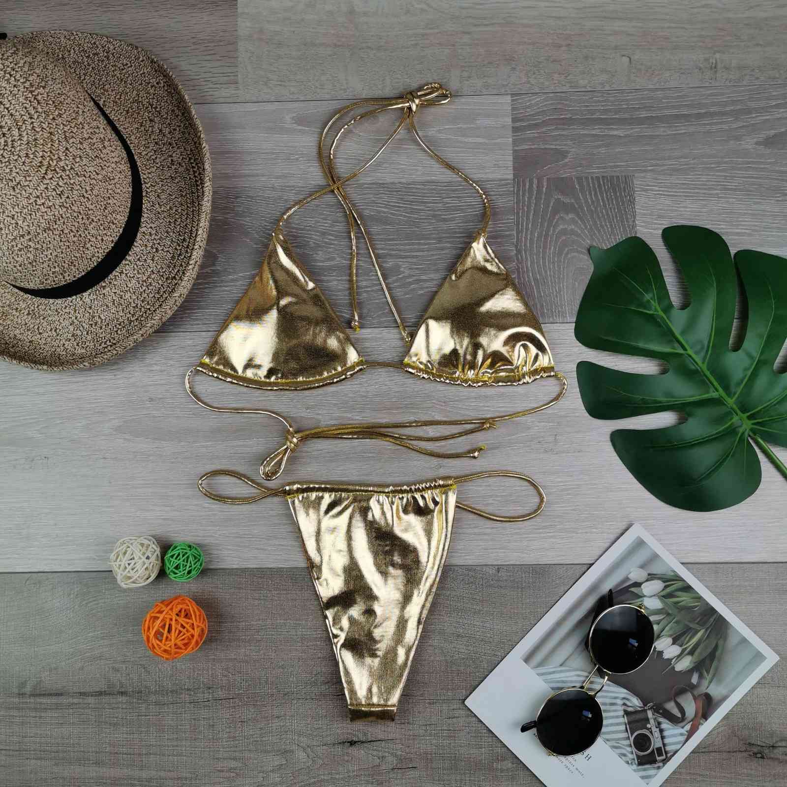 Solid Bronzing Bikini Set Sexy Push Up Swimwear Women Brazilian Swimsuit Low Waist Biquini Halter Two Pieces Bathing Suit 210520