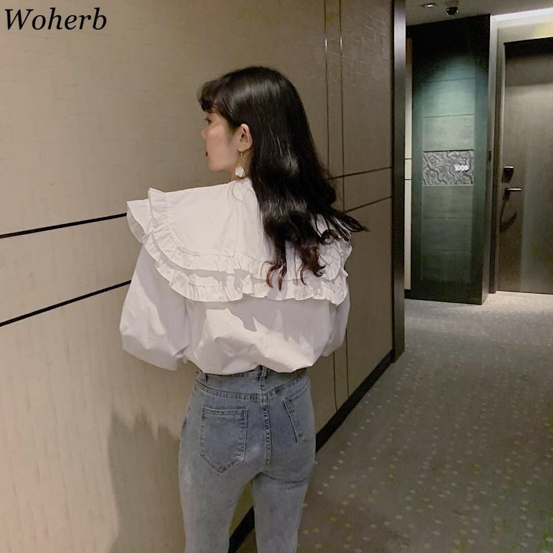 Shirts Women Korean Fashion Blusas Mujer Loose White Blouses Vintage Peter Pan Collar Ruffles Slim Temperament Tops 4i769 210519