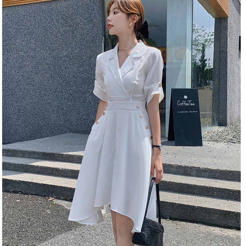 Summer Women Dresses Fashion Vintage Notched Collar Office OL High Waist Irregular Casual White Chic Dress Robe 210519