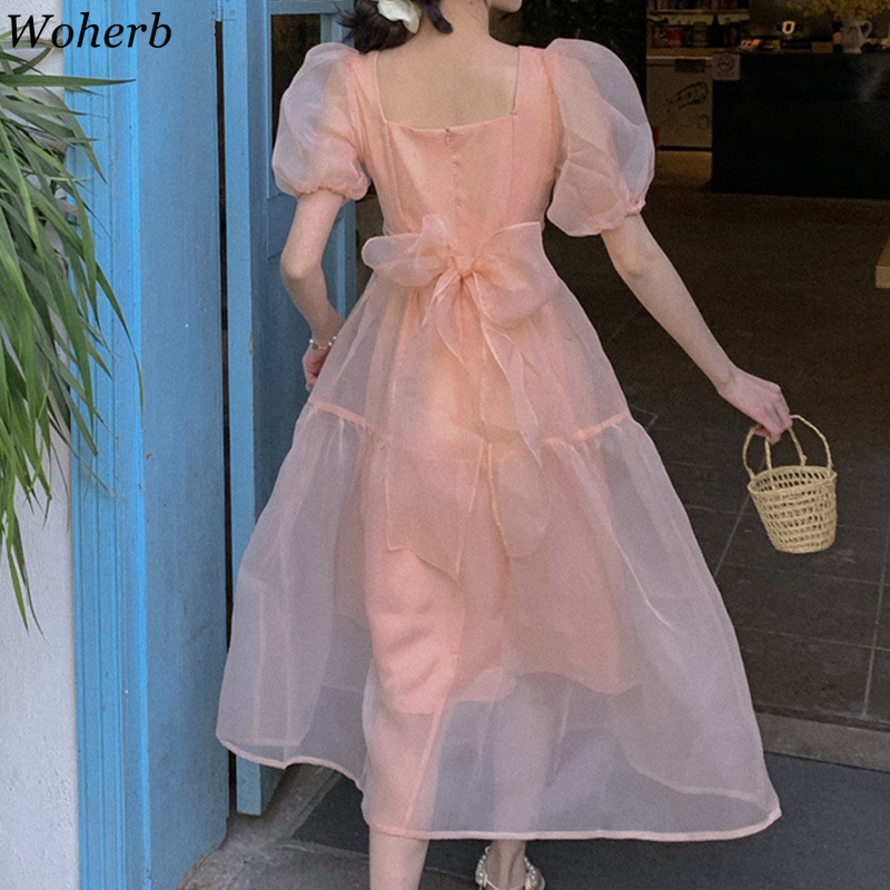 Women Dress Chic Elegant Robe Summer Temperament Gentle Puff Short Sleeve Vestidos Sweet Gauze Korean Slim Dresses 210519