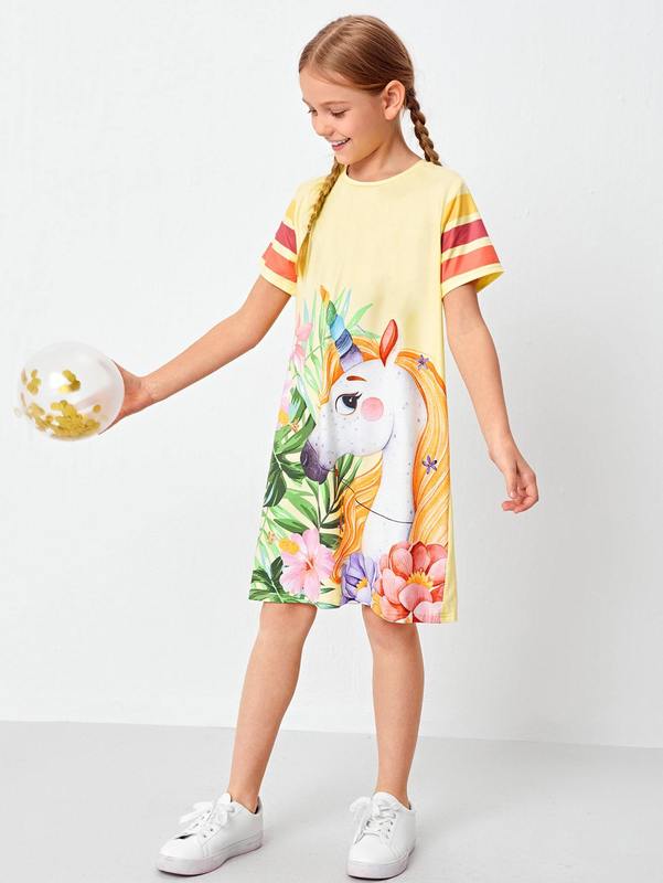 Girls Striped Sleeve Unicorn Print Tee Dress SHE