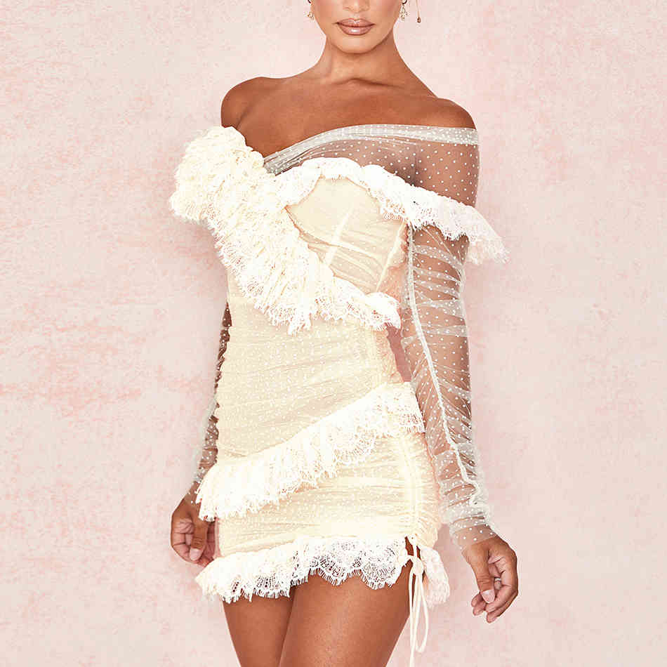 Summer Off Shoulder Mini Dress Vesitidos Sexy Long Sleeve Lace Women Fashion Club Celebrity Runway Party Dresses 210423