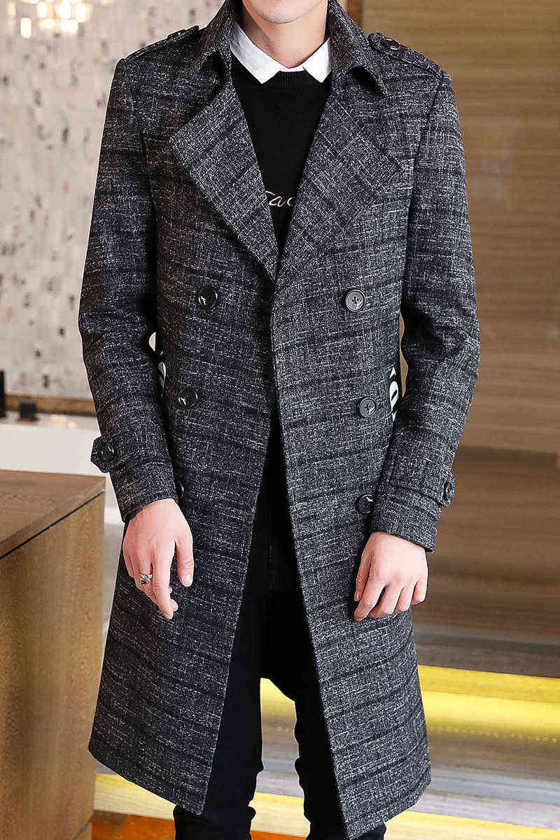 Winter Woolen Coat Jackets Men Casual Slim Long Mens Wool Trench Coat Double-breasted British Style Plaid Outwear Windbreaker