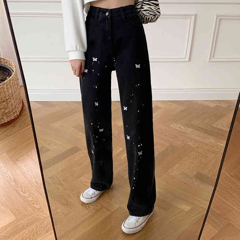 SML Spring korean style women loose Butterfly embroidery denim jeans womens high waist straight jeans for women(F9023) 210423