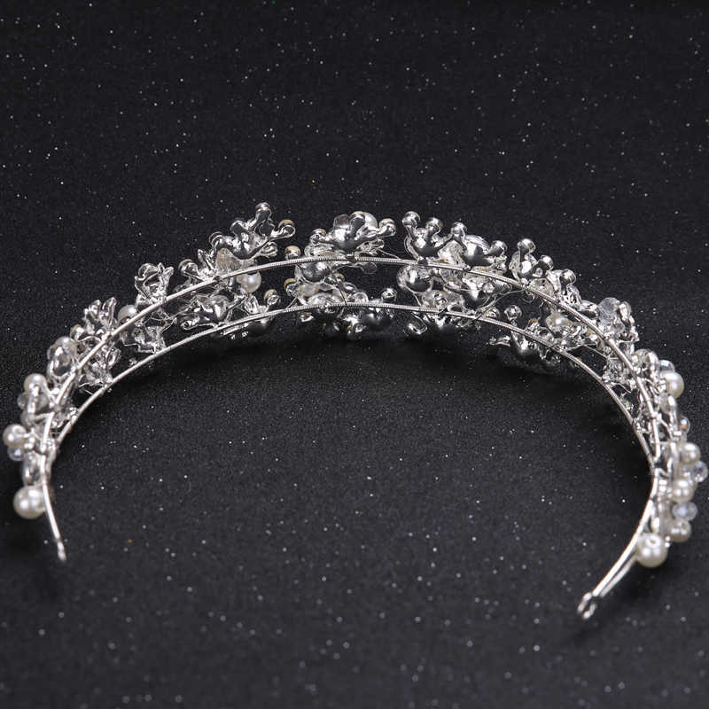 Crystal Pearl Flower Bride Headbands Women Silver Color Princess Wedding Hair Jewelry Tiara bands Accessories Crown 210707