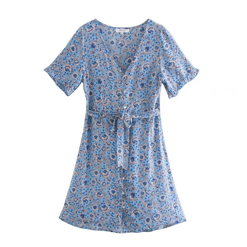 Bohemia Tie Bow Sashes V neck Floral Print wood ears Short Sleeve Mini Dress Hippie Woman Holiday Dresses BOHO Vestidos 210429