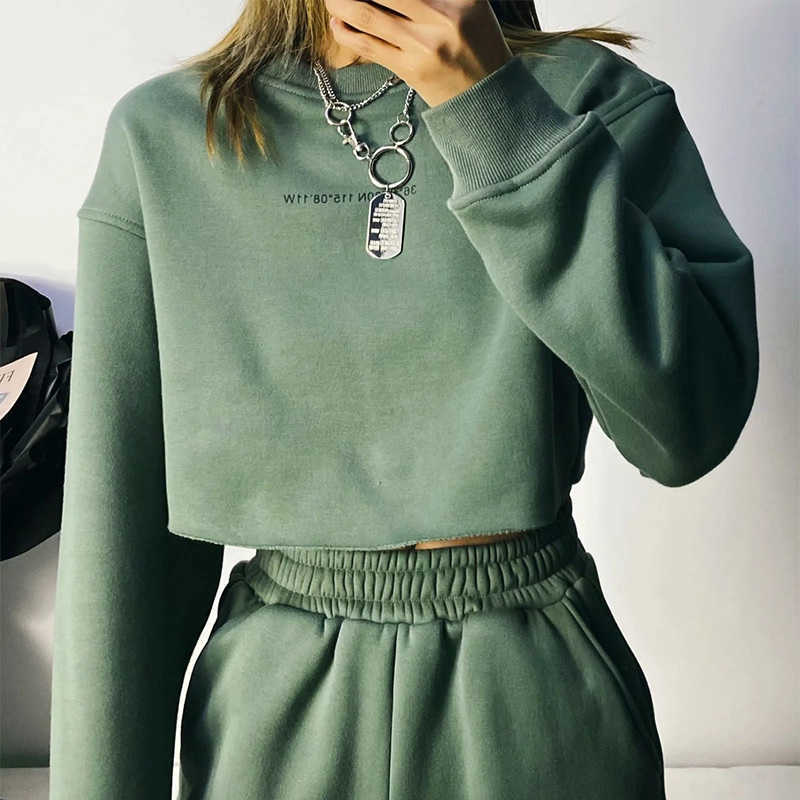 Women Tracksuit Set Letter Print Plush Woman Casual Sets Short Sweatshirt Elastic High Waist Pants Streetwear Winter Spring 210709