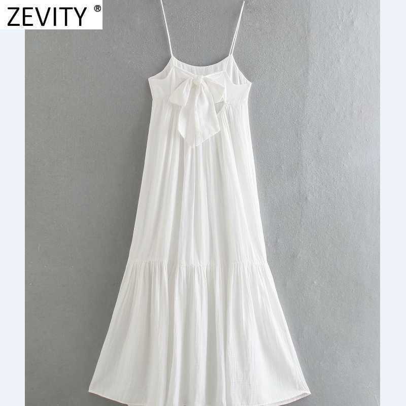 Zevity Women Back Bow Tied Patchwork White Sling Midi Dress Female Spaghetti Strap Vestido Chic Casual Summer Dresses DS8304 210603