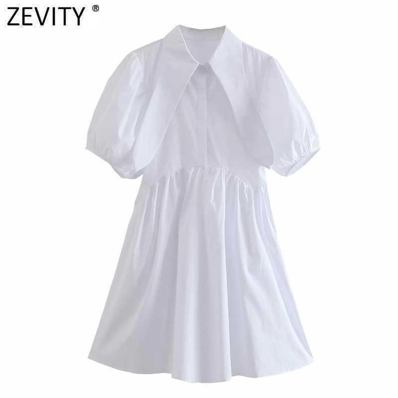 Zevity Women Sweet Solid Color Pleats Poplin Mini Dress Chic Lantern Sleeve Casual Vestidos Female Leisure A Line Dresses DS8296 210603