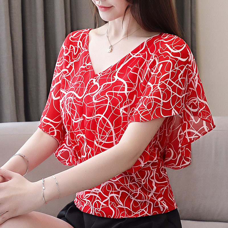 Korean fashion clothing ladies tops white shirt blouse Short Ruffles Polka Dot V-Neck shirts chiffon blusas 3097 50 210427