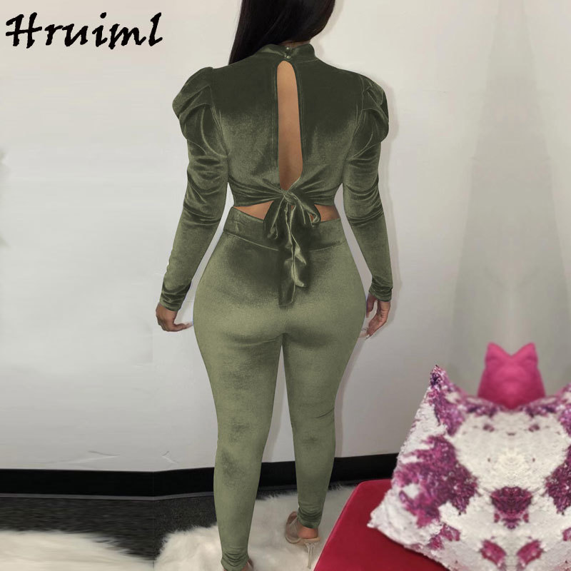 Elegant 2 Piece Set Women Long Sleeve O Neck Crop Top Blue Velour Tracksuit Fashion Pants Sets Solid Evening Party Club Outfits 210513