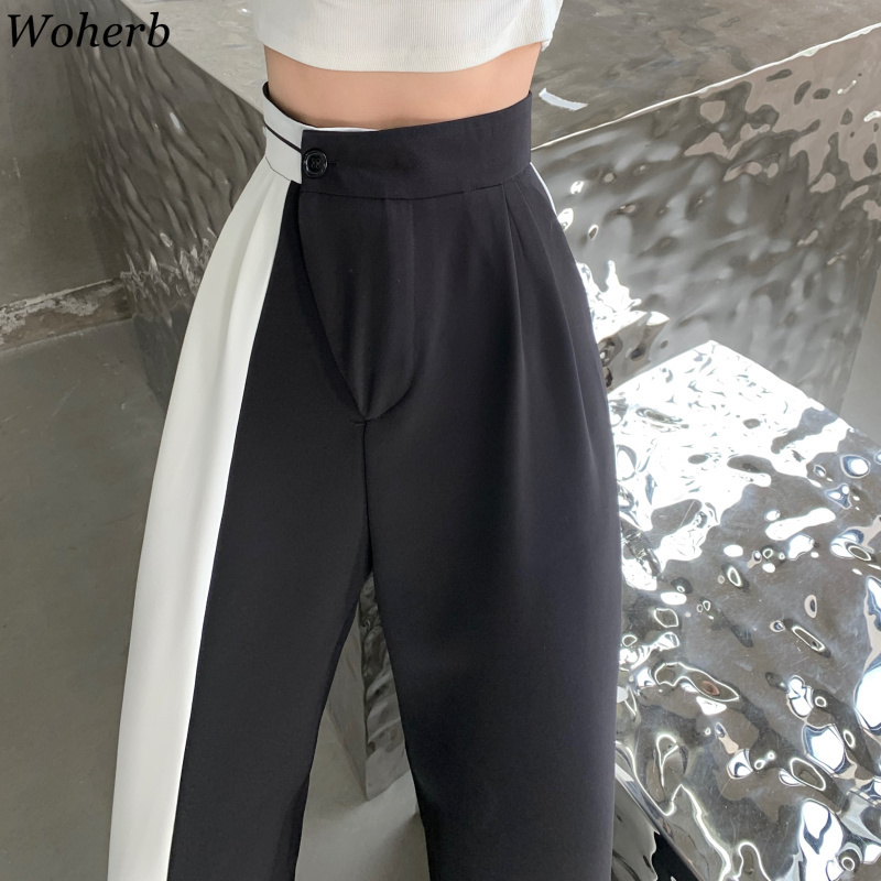 High Waist Elegant Wide Leg Pants Women Contrast Color Bottoms Patchwork Casual Trousers Korean Straight Pantalon 210519