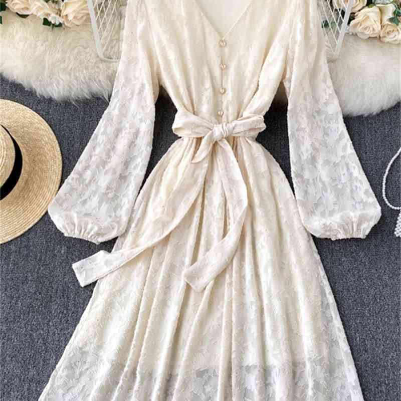 FLF Spring Autumn V Neck Solid Puff Sleeve A Line Dress Vintage Full High Waist Mid-Calf Women Floral Print Dresses 210521