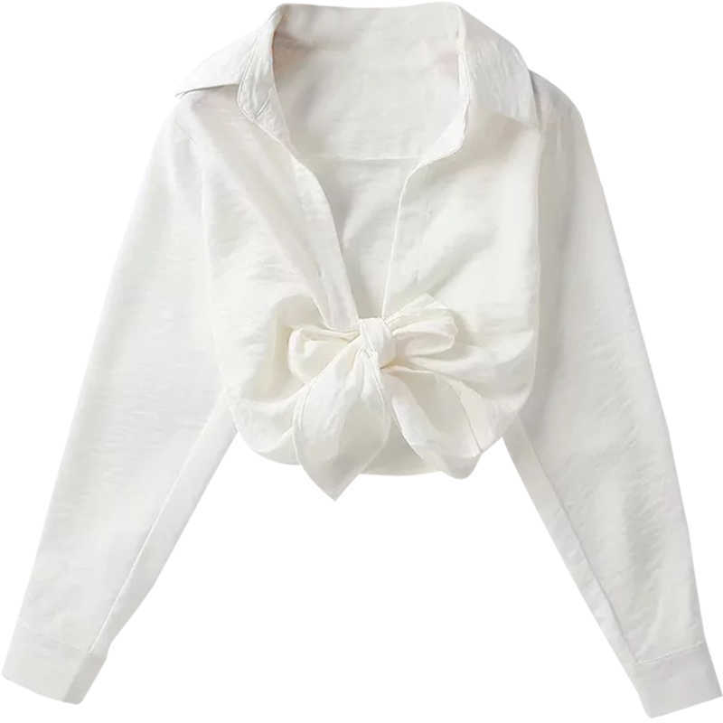 WOMENGAGA Korean French Lace Bow White Long Sleeve Shirt For Women Fashion Sexy V-neck Blouse Short Top UY54 210603