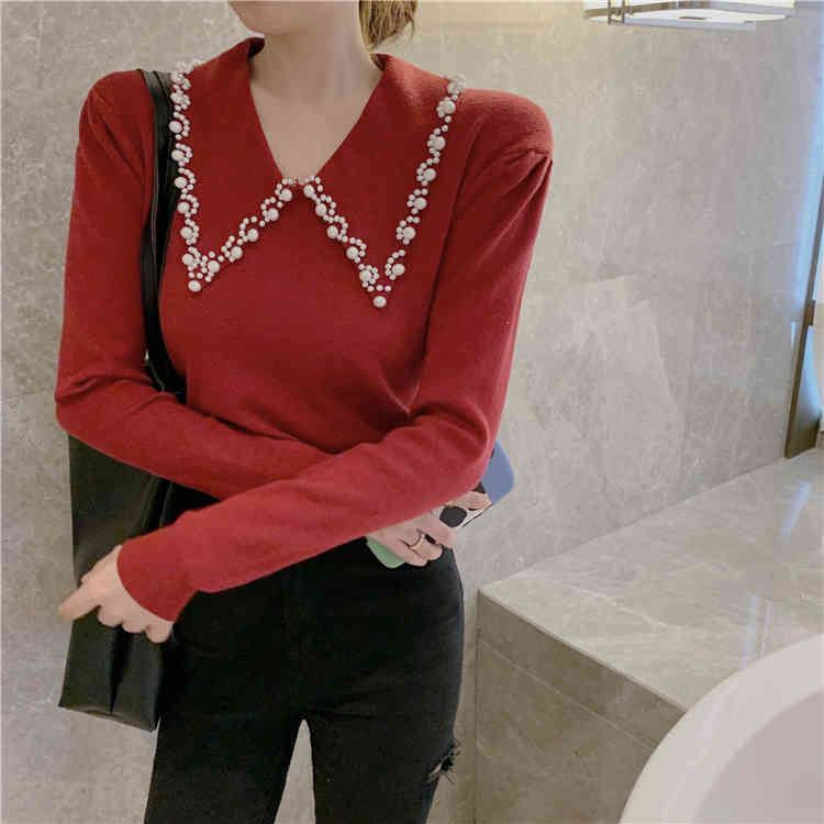 Vintage Women Sweet Peter Pan Collar Beading Office Lady Korean Fashion Elegant Casual Long Sleeve Chic Knitted Sweaters 210519