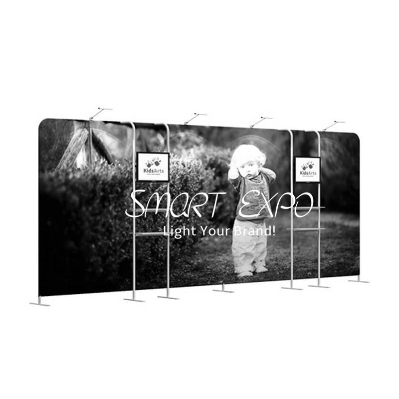 Retail Supplies 20FT Free Standing Backdrop Tradeshow Stand With Display Rack TV Holder Tension Fabric Printed Graphic Portable Bag