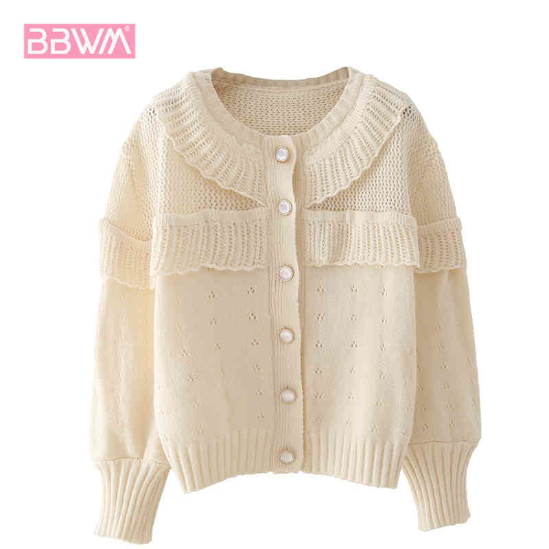 Hollow Knitted Cardigan Women Autumn Ruffle Harajuku Single-breasted Long-sleeved College Style Simple Chic Female Sweater 210507