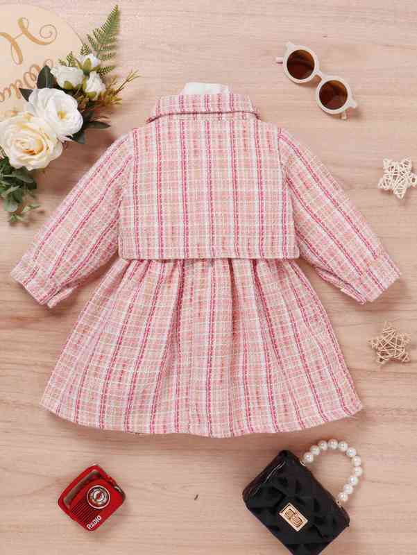 Baby Mock Neck Plaid Tweed Dress & Flap Detail Jacket SHE