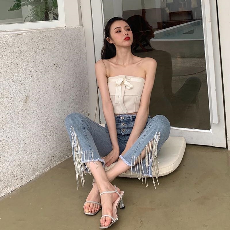 Jeans With Beads Tassel Rhinestones Vintage Skinny High Waist Stretchy Petite Ankle Elastic Denim Pants 210510