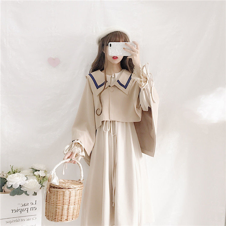 Japanese Kawaii Two Pieces Set Women Long Sleeve Cute Dress + Loose Cape Cloak Jacket Casual Sweet Outfits Suit 210519