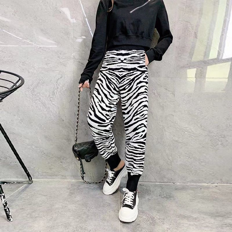 Nomikuma Fashion Zebra Striped Knitted Pants Korean High Waist Women Sweater Trousers Causal New Long Sweat Pants 6E048 210427