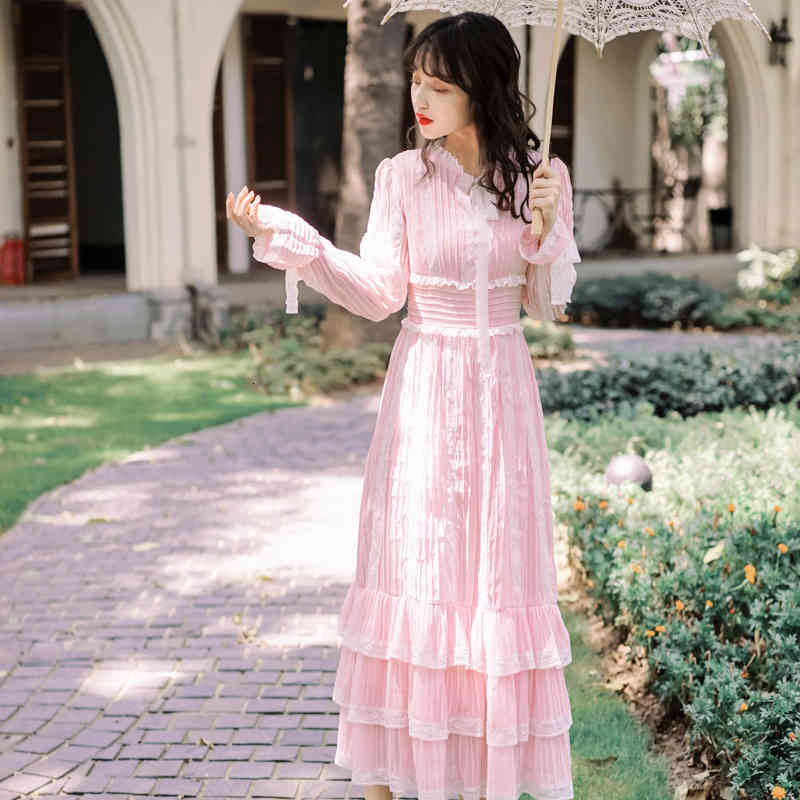 Fashion Autumn Patchwork Pink Women Dress Ladies Flare Sleeve Bow Collar High Waist Layer Cake Ruffles Midi Dress 210515
