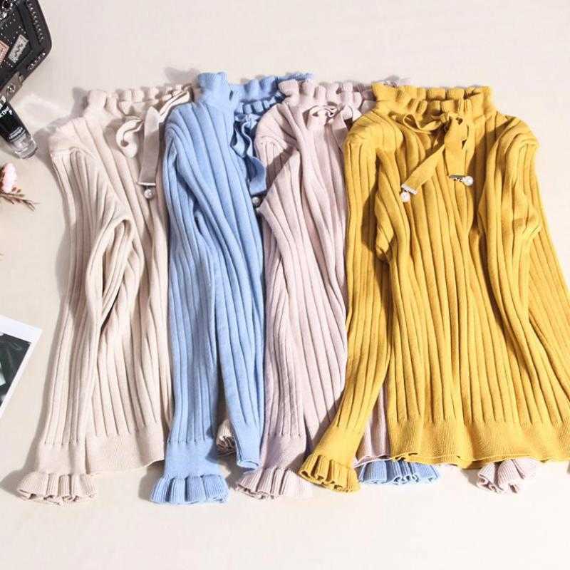 Autumn Winter Sweater Women Slim Elegant Office Wear Lotus Leaf Long Sleeved Pullover Knitted Woman Solid Bow Pearl Sweaters 211018