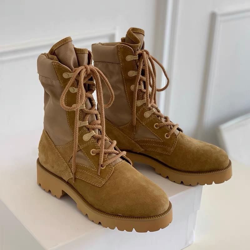 Boots Mid-Tube Women Winter Genuine Leather Nude Platform Lace-Up Riding Leisure All Match British Style Short