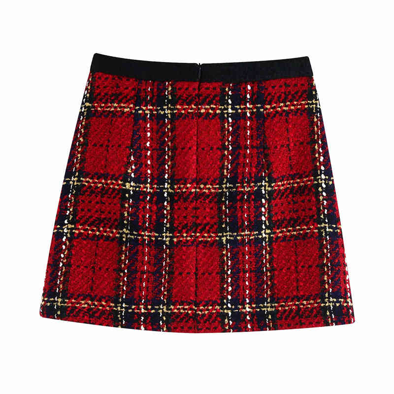 Vintage Women Red Plaid Woolen Skirts Fashion Ladies High Waist Skirt Elegant Female Chic Button Pocket Mini 210430