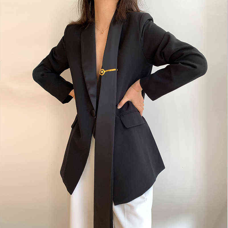 [EAM] Women Black Vintage Irregular Blazer Notched Collar Long Sleeve Loose Fit Jacket Fashion Spring Autumn 1DD5534 211122