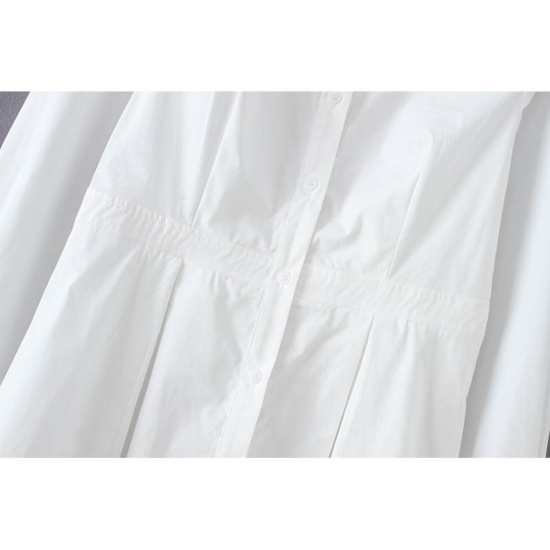European and American Women's Stand Collar Pleated Long Sleeve Dress White Shirt Women Clothes 210615Z