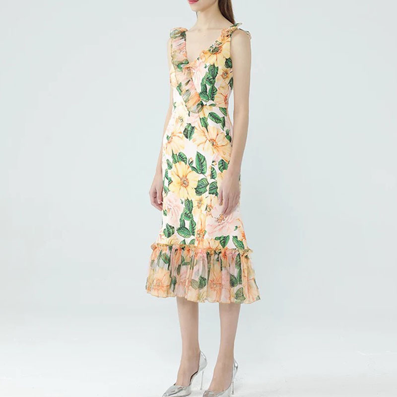 summer dress for women boho rose flower printed yellow floral sleeveless ruchend mermaid midi dresses chic england style 210421