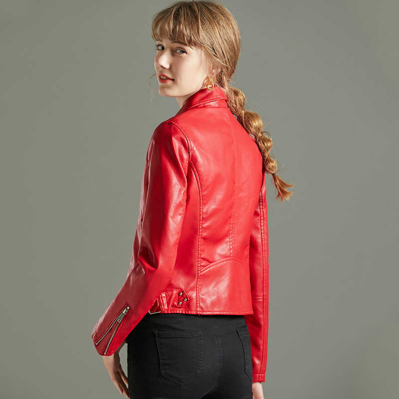 Ly Varey Lin Red Faux Soft Leather Basic Jackets Women Autumn Turndown Collar Rivet Zipper Biker Coat Pu Motorcycle Jacket 210526