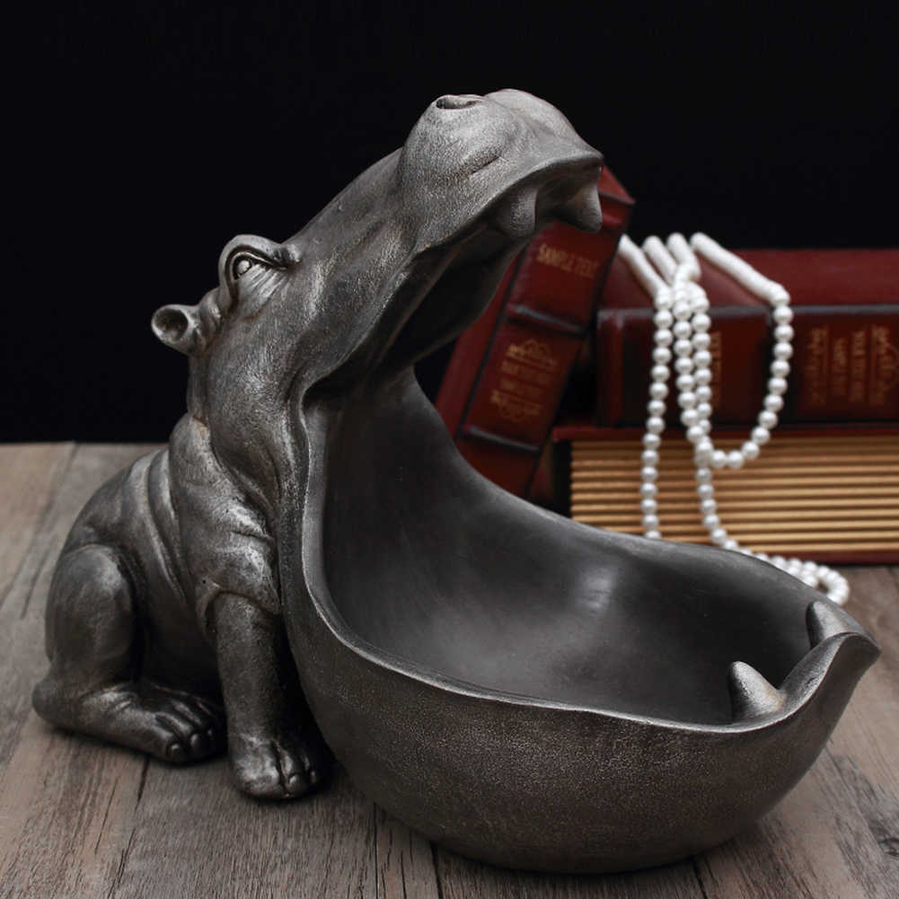 Resin Hippo Statue Hippopotamus Sculpture Figurine Key Candy Container Sundries Storage Holder Home Table Artware Desk Decor 210804 - view 5