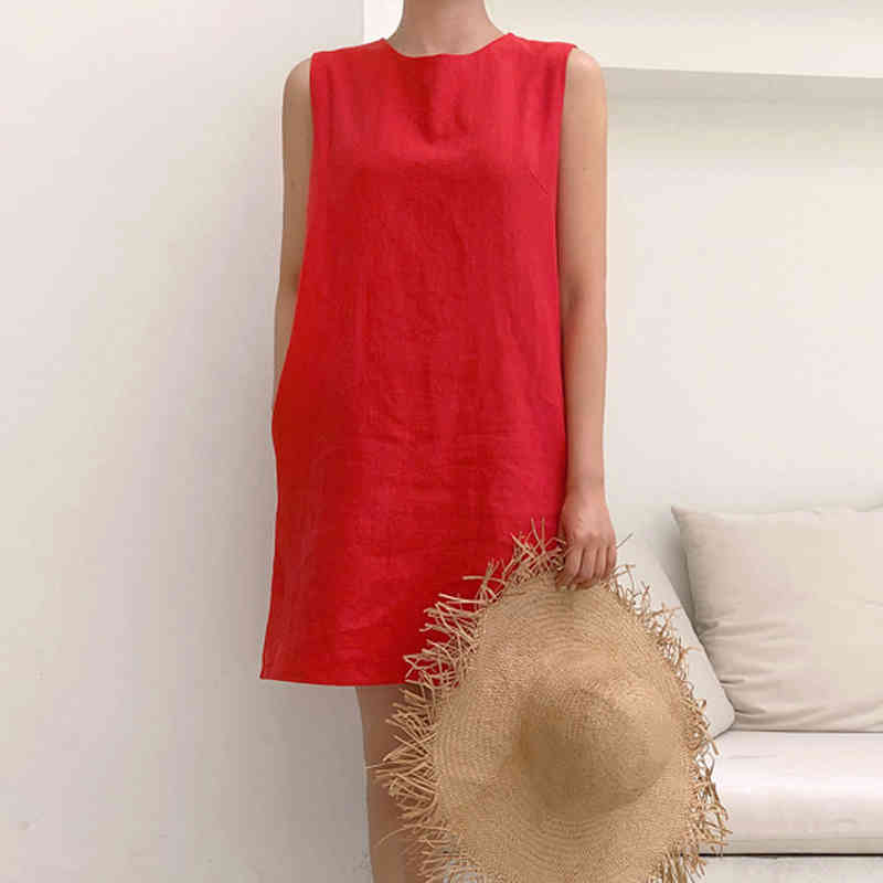 Korean Style Ins Cotton Linen solid Basic Vest Dress Simple Casual Loose O-collar Sleeveless Female Robe Femme 10089 210506