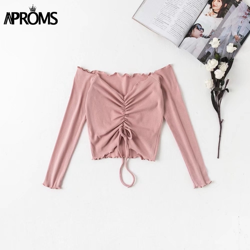 Aproms Ribbed Off Shoulder Drawstring Tie T Shirt Women Long Sleeve Short Tshirt Summer Casual Crop Top Female Tee Tshirts 210322