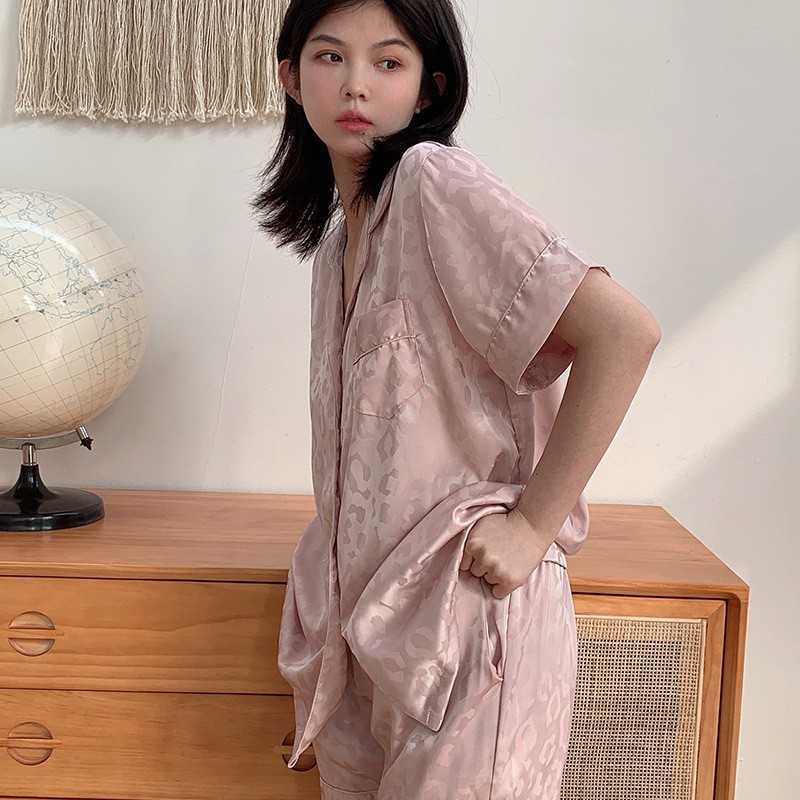 Women Loungewear Satin Leopard Pajamas Set Casual 2PCS Shirt&Pants Sleepwear Loose Nightwear Intimate Lingerie Home Clothes Q0706