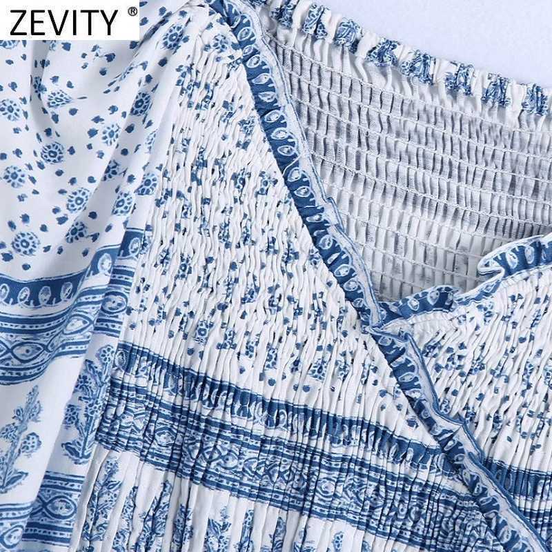 Zevity Women Vintage V Neck Patchwork Floral Print Short Shirts Female Elastic Pleated Slim Blouse Chic Ruffles Crop Tops LS9346 210603
