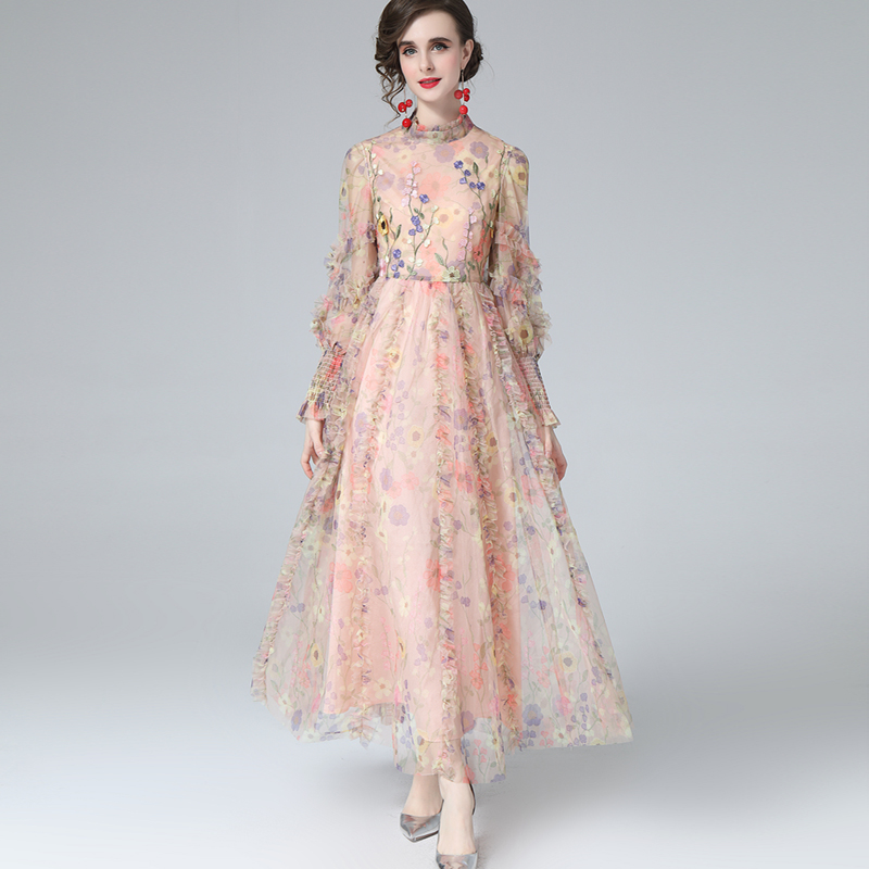 Women's Runway Dress Stand Collar Long Lantern Sleeves Printed Ruffles Elegant Fashion Party Prom Gown