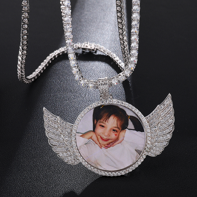 Custom Made Photo Wings Iced Out Bling Cubic Zircon Necklace & Pendant For Men Hip Hop Jewelry With Tennis Chain