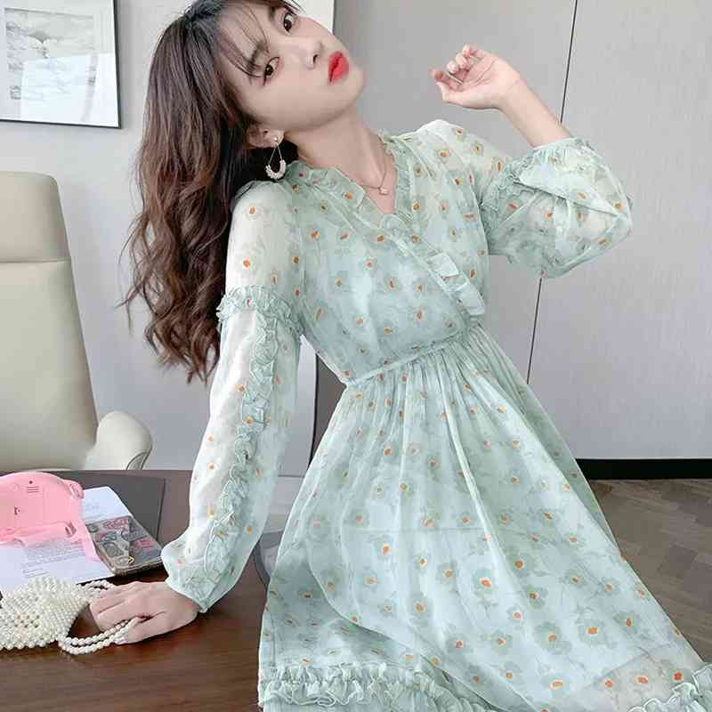 Summer Casual Long Sleeve Chiffon Women Floral Dress Green V Neck Ruffles Maxi Dresses Plus Size Two-piece Suit Female Robe 210521