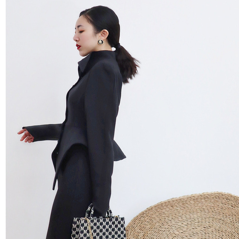 [DEAT] Lapel Collar Puff Sleeve Single Breasted Top Knee-length Black Skirt Two Piece Set Women Y2k Cothes Spring GX206 210428