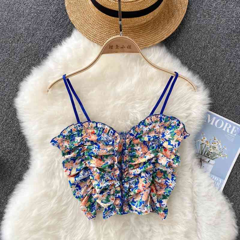 DEAT Women Ruffles Printing Sling Camis Arrivals Sexy Backelss Temperament Fashion Spring Summer 11D1556 210709