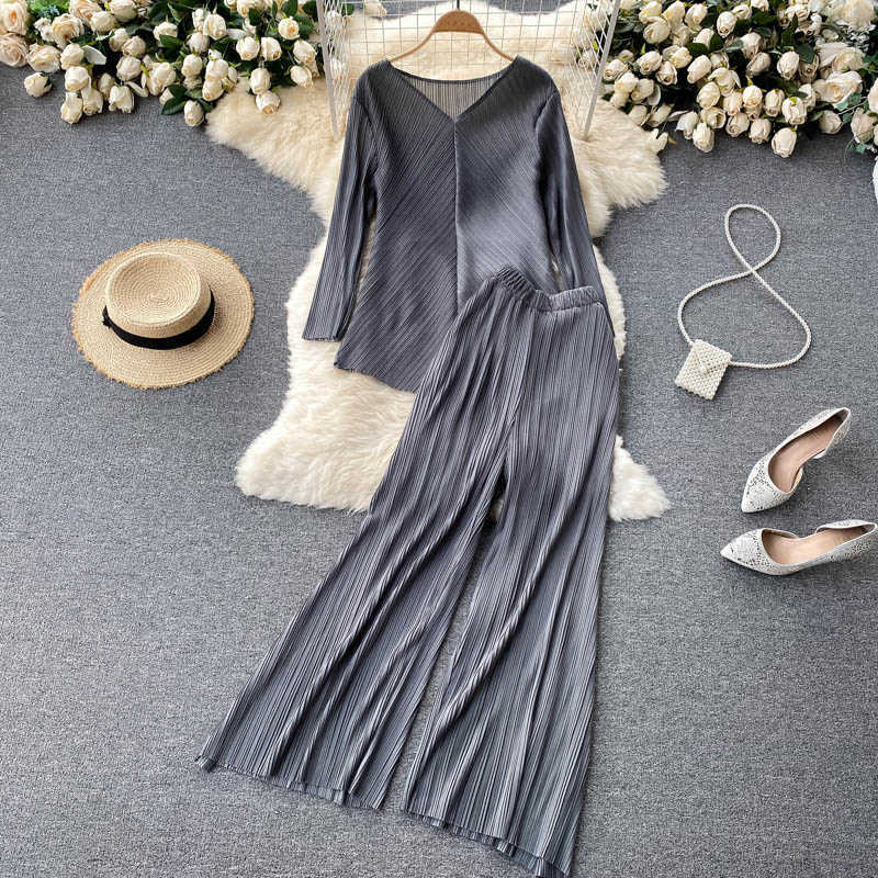 DEAT Women Pleated V-neck Top Long Pants Two Piece Set Fashion Temperament Spring Summer 11D1552 210709