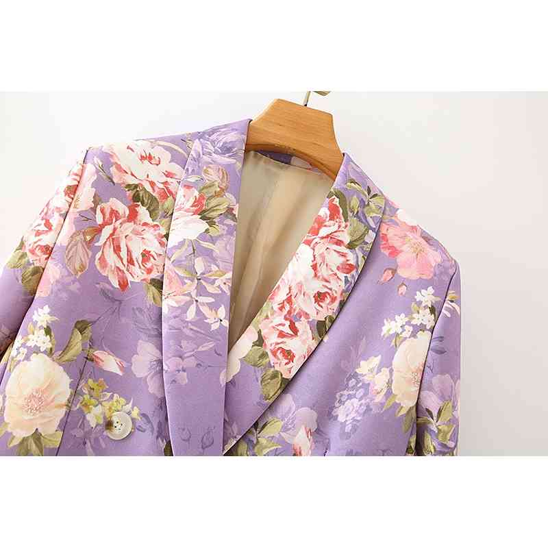 elegant women chrysanthemum printing purple blazer fashion ladies pocket jackets casual female chic slim suits 210527
