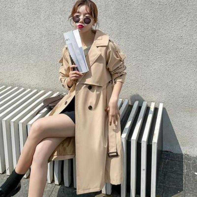 Yedinas Fall /Autumn Casual Women Long Trench Coat Double Breasted Simple Classic Windbreaker Korean Outwear with Belt 210527