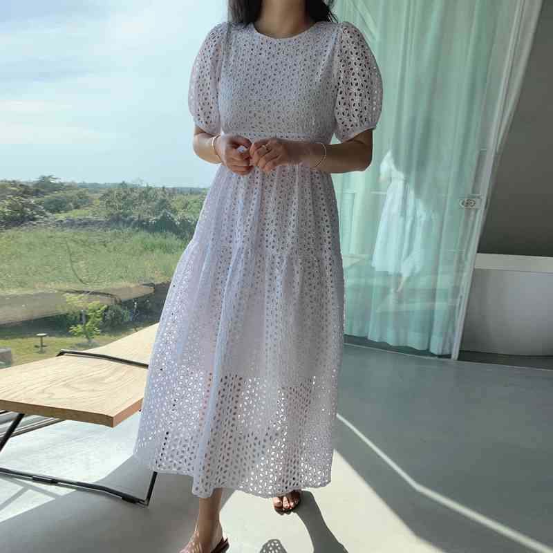 Sexy Office Chic Summer Dress Women O Neck Embroidery Hollow Out High Waist Long Vestidos Female Fashion Clothes 210520