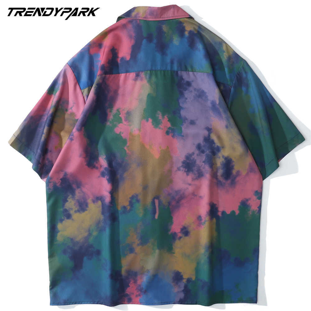 Shirts for Men Tie-dye Print Colorful Hawaii Beach Holiday Harajuku Short Sleeve Casual Shirt Oversized Summer Top Shirt 210601