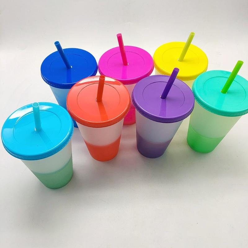 Mugs 7 Pieces Portable Color Changing Cups With Lid Straws Plastic Bulk Reusable For Adults And Kids